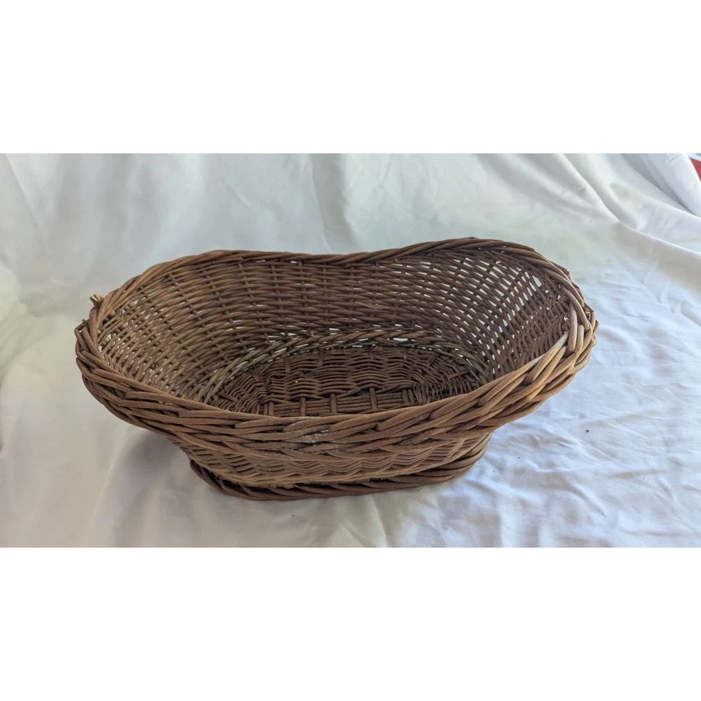 Vintage Style Brown Wicker Oval Storage Basket Footed Farmhouse Decor 14.5in